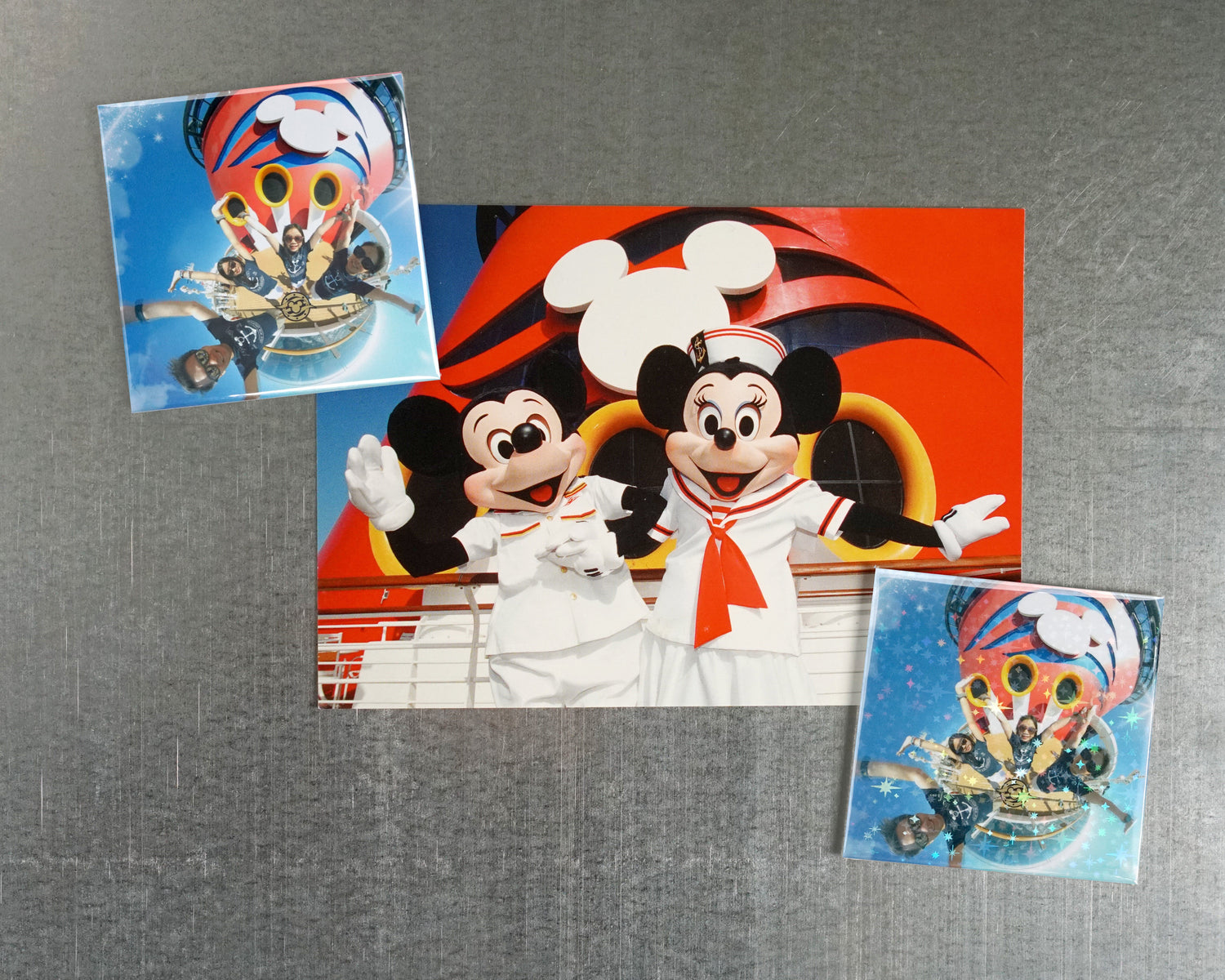 Magnet samples with clear finish in upper left, sparkly finish in lower right corner.