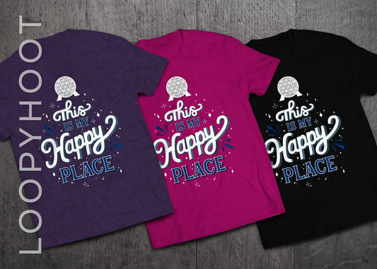 Disney Epcot "This is My Happy Place" Spaceship Earth Family Vacation Shirt in BLACK